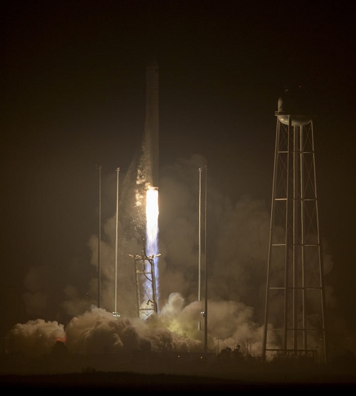 The Orbital ATK Antares rocket, with the Cygnus spacecraft onboard, launches from Pad-0A, Monday, Oct. 17, 2016 at NASAs Wallops Flight Facility in Virginia. Orbital ATK’s sixth contracted cargo resupply mission with NASA to the International Space Station is delivering over 5,100 pounds of science and research, crew supplies and vehicle hardware to the orbital laboratory and its crew. Photo Credit: (NASA/Bill Ingalls)