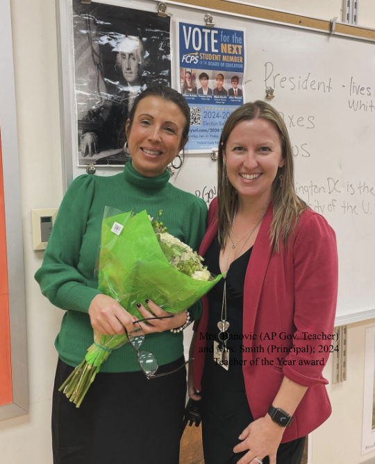 Mrs. Banovic (AP Gov. Teacher) and Mrs. Smith (Principal); 2024 Teacher of the Year award