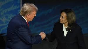  Former President Donald Trump and Vice President Kamala Harris shake hands before the ABC News debate on Sept. 10, 2024