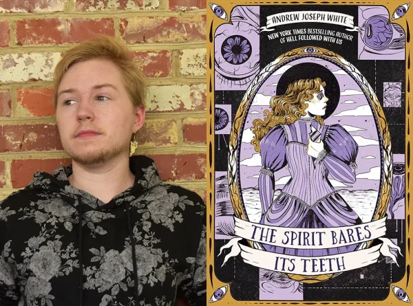 Andrew Joseph White next to his book, The Spirit Bares Its Teeth