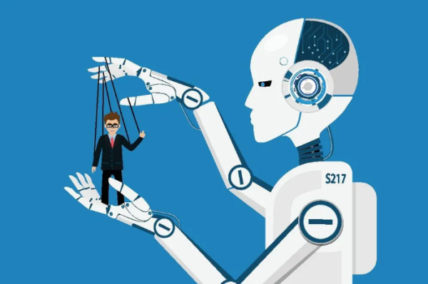 AI robot controls a human businessman as a puppet.